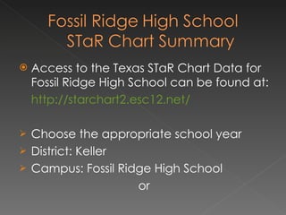 Access to the Texas STaR Chart Data for Fossil Ridge High School can be found at: http://starchart2.esc12.net/ Choose the appropriate school year District: Keller Campus: Fossil Ridge High School or 