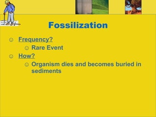 Fossilization Frequency? Rare Event How? Organism dies and becomes buried in sediments 