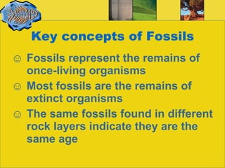 Key concepts of Fossils Fossils represent the remains of once-living organisms Most fossils are the remains of extinct organisms The same fossils found in different rock layers indicate they are the same age 
