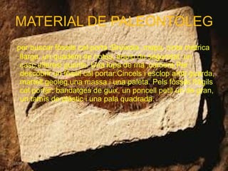 MATERIAL DE PALEONTOLEG
per buscar fòssils cal porta :Brúixola ,mapa, cinta métrica
llarga ,un quadern de notes, equip de seguretat :un
casc,ulleresi guants. Una lupa de ma ,camera.Per
descobrir un fòssil cal portar:Cincels i esclop amb guarda,
martell geoleg,una massa i una paleta. Pels fòssils fràgils
cal portar: bandatges de guix, un poncell petit un de gran,
un tamís de plàstic i una pala quadrada.
16/03/15
 