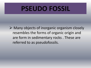PSEUDO FOSSIL
 Many objects of inorganic organism closely
resembles the forms of organic origin and
are form in sedimentary rocks . These are
referred to as pseudofossils.
 
