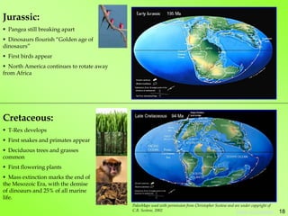 Jurassic:
 Pangea still breaking apart
 Dinosaurs flourish “Golden age of
dinosaurs”
 First birds appear
 North America continues to rotate away
from Africa
Cretaceous:
 T-Rex develops
 First snakes and primates appear
 Deciduous trees and grasses
common
 First flowering plants
 Mass extinction marks the end of
the Mesozoic Era, with the demise
of dinoaurs and 25% of all marine
life.
PaleoMaps used with permission from Christopher Scotese and are under copyright of
C.R. Scotese, 2002 18
Table of Contents
 