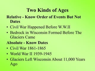 Two Kinds of Ages
Relative - Know Order of Events But Not
Dates
• Civil War Happened Before W.W.II
• Bedrock in Wisconsin Formed Before The
Glaciers Came
Absolute - Know Dates
• Civil War 1861-1865
• World War II 1939-1945
• Glaciers Left Wisconsin About 11,000 Years
Ago
 