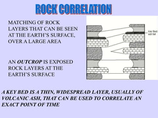 MATCHING OF ROCK
LAYERS THAT CAN BE SEEN
AT THE EARTH’S SURFACE,
OVER A LARGE AREA
AN OUTCROP IS EXPOSED
ROCK LAYERS AT THE
EARTH’S SURFACE
A KEY BED IS A THIN, WIDESPREAD LAYER, USUALLY OF
VOLCANIC ASH, THAT CAN BE USED TO CORRELATE AN
EXACT POINT OF TIME
 
