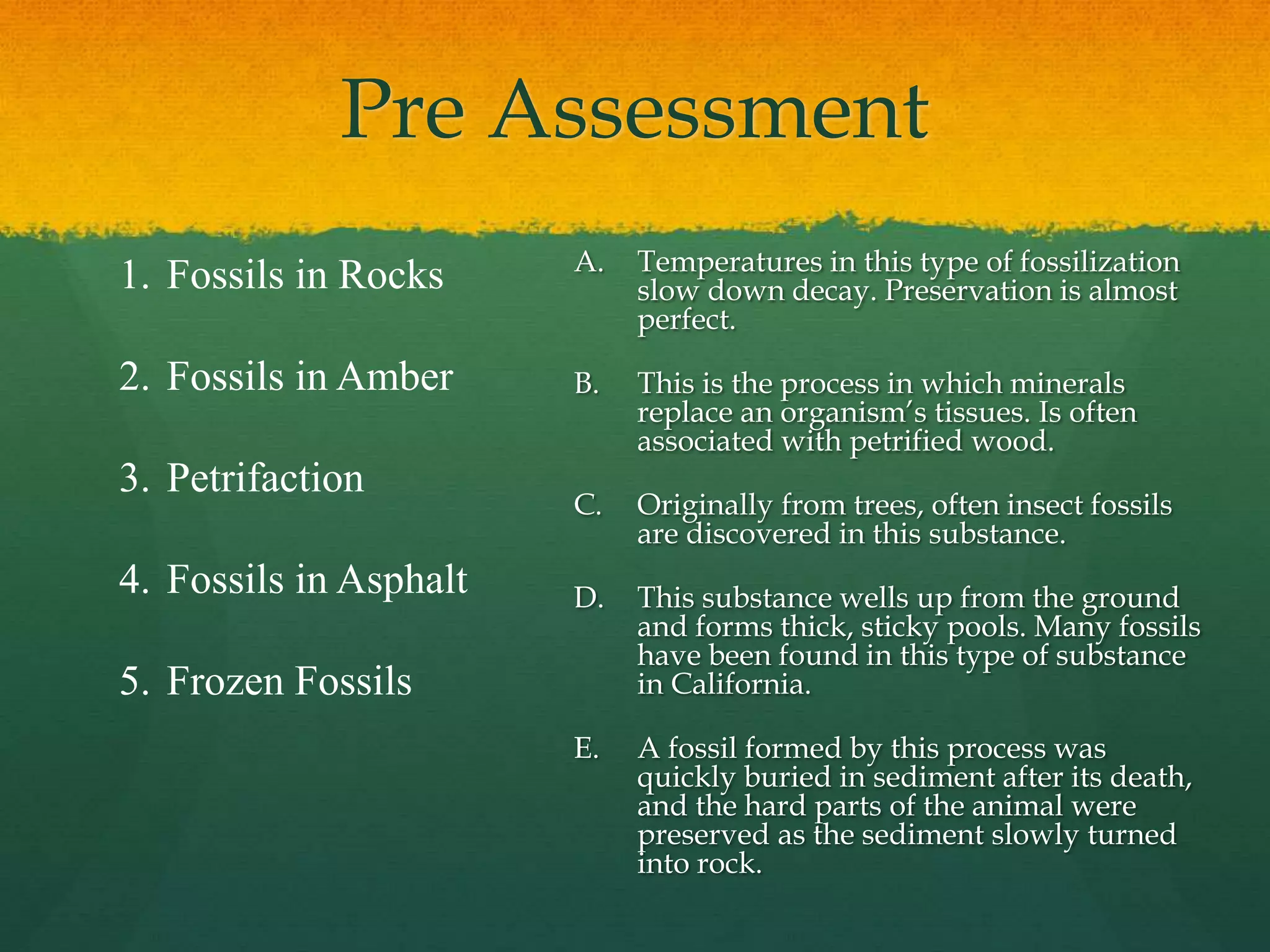 Pre Assessment
1. Fossils in Rocks
2. Fossils in Amber
3. Petrifaction
4. Fossils in Asphalt
5. Frozen Fossils
A. Temperatures in this type of fossilization
slow down decay. Preservation is almost
perfect.
B. This is the process in which minerals
replace an organism’s tissues. Is often
associated with petrified wood.
C. Originally from trees, often insect fossils
are discovered in this substance.
D. This substance wells up from the ground
and forms thick, sticky pools. Many fossils
have been found in this type of substance
in California.
E. A fossil formed by this process was
quickly buried in sediment after its death,
and the hard parts of the animal were
preserved as the sediment slowly turned
into rock.
 