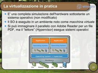 La virtualizzazione in pratica E' una completa simulazione dell'hardware sottostante un sistema operativo (non modificato) Il SO è eseguito in un ambiente noto come  macchina virtuale Si può immaginare il parallelo con Adobe Reader per un file PDF, ma il “lettore” ( Hypervisor ) esegue sistemi operativi 