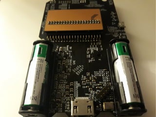 “Team Linux on Badge”
●
Second attempt:
– Jacob Creedon designed an a cartridge board that
adds 32MB of SDRAM to the Hackaday Supercon
badge… before the event!
 