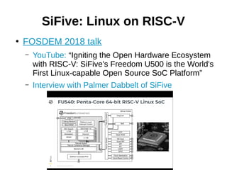 ●
FOSDEM 2018 talk
– YouTube: “Igniting the Open Hardware Ecosystem
with RISC-V: SiFive's Freedom U500 is the World's
First Linux-capable Open Source SoC Platform”
– Interview with Palmer Dabbelt of SiFive
SiFive: Linux on RISC-V
 