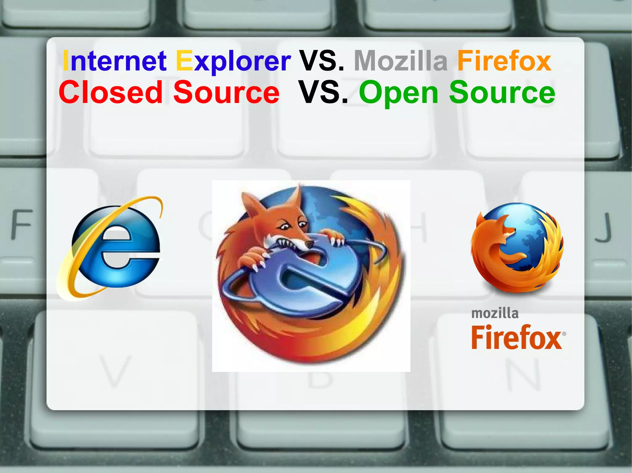 I nternet E xplorer VS. Mozilla Firefox Closed Source VS. Open Source