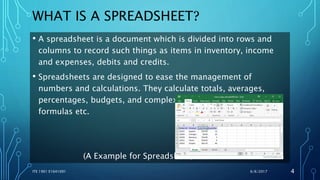 WHAT IS A SPREADSHEET?
• A spreadsheet is a document which is divided into rows and
columns to record such things as items in inventory, income
and expenses, debits and credits.
• Spreadsheets are designed to ease the management of
numbers and calculations. They calculate totals, averages,
percentages, budgets, and complex financial and scientific
formulas etc.
(A Example for Spreadsheet)
6/6/2017ITE 1901 E1641091 4
 