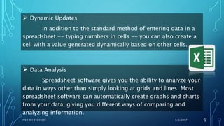  Dynamic Updates
In addition to the standard method of entering data in a
spreadsheet -- typing numbers in cells -- you can also create a
cell with a value generated dynamically based on other cells.
6/6/2017ITE 1901 E1641091 6
 Data Analysis
Spreadsheet software gives you the ability to analyze your
data in ways other than simply looking at grids and lines. Most
spreadsheet software can automatically create graphs and charts
from your data, giving you different ways of comparing and
analyzing information.
 