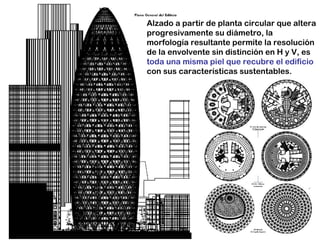 Alzado a partir de planta circular que altera
progresivamente su diámetro, la
morfología resultante permite la resolución
de la envolvente sin distinción en H y V, es
toda una misma piel que recubre el edificio
con sus características sustentables.