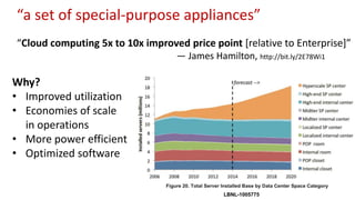 “a set of special-purpose appliances”
“Cloud computing 5x to 10x improved price point [relative to Enterprise]”
— James Hamilton, http://bit.ly/2E78Wi1
Why?
• Improved utilization
• Economies of scale
in operations
• More power efficient
• Optimized software
LBNL-1005775
 