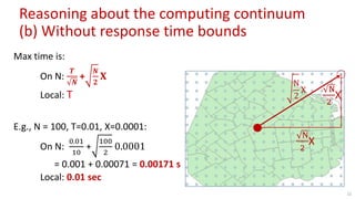 Max time is:
On N:
𝑻
𝑵
+
𝑵
𝟐
𝐗
Local: T
E.g., N = 100, T=0.01, X=0.0001:
On N:
0.01
10
+
100
2
0.0001
= 0.001 + 0.00071 = 0.00171 s
Local: 0.01 sec
22
Reasoning about the computing continuum
(b) Without response time bounds
N
2
X
N
2
X
N
2
X
 