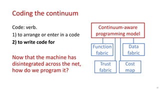 Coding the continuum
Code: verb.
1) to arrange or enter in a code
2) to write code for
Now that the machine has
disintegrated across the net,
how do we program it?
30
Continuum-aware
programming model
Function
fabric
Data
fabric
Trust
fabric
Cost
map
 