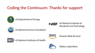 Coding the Continuum: Thanks for support
US Department of Energy
US National Science Foundation
US National Institutes of Health
US National Institute of
Standards and Technology
Amazon Web Services
Globus subscribers
 