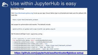 Use within JupyterHub is easy
https://github.com/jupyterhub/oauthenticator#globus-setup
 