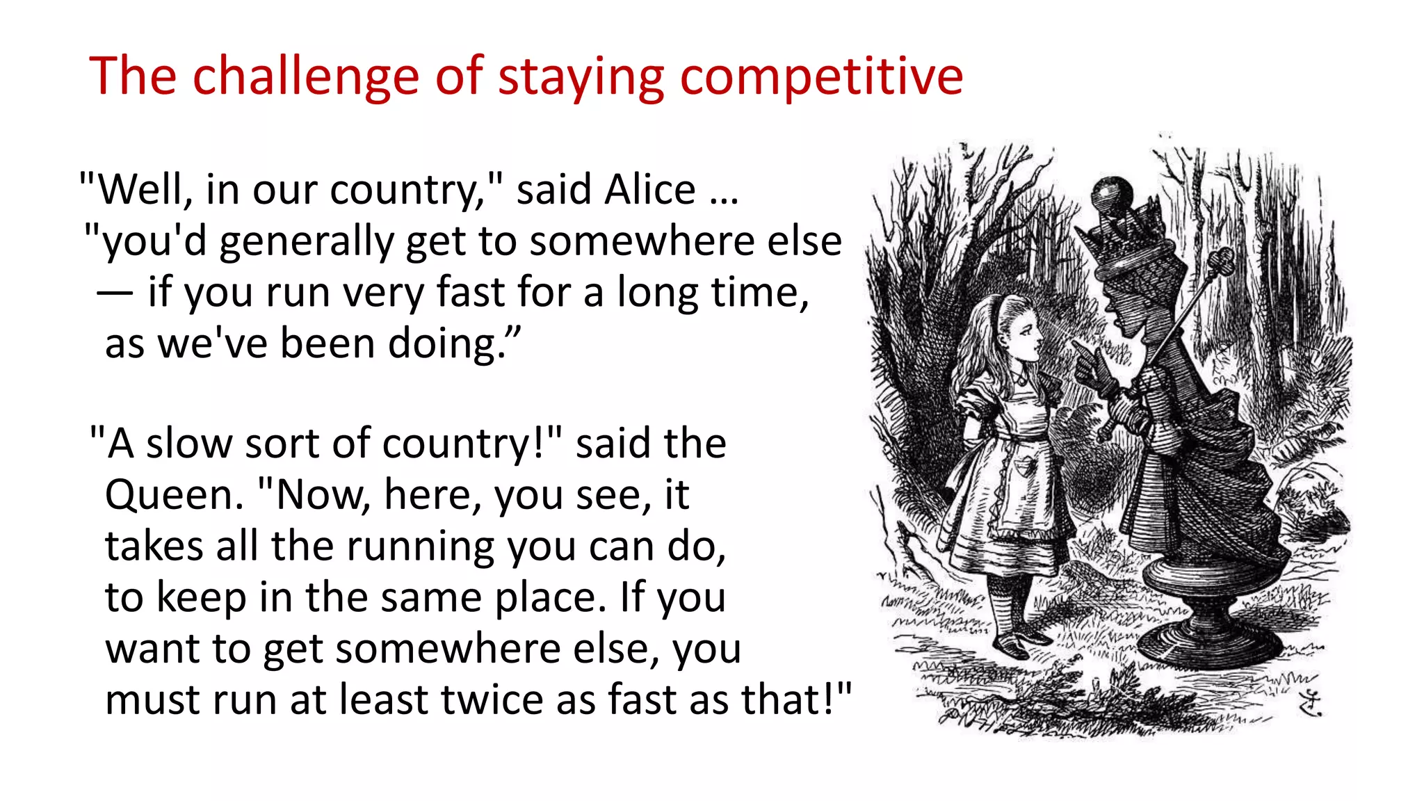 "Well, in our country," said Alice …
"you'd generally get to somewhere else
— if you run very fast for a long time,
as we've been doing.”
"A slow sort of country!" said the
Queen. "Now, here, you see, it
takes all the running you can do,
to keep in the same place. If you
want to get somewhere else, you
must run at least twice as fast as that!"
The challenge of staying competitive
 