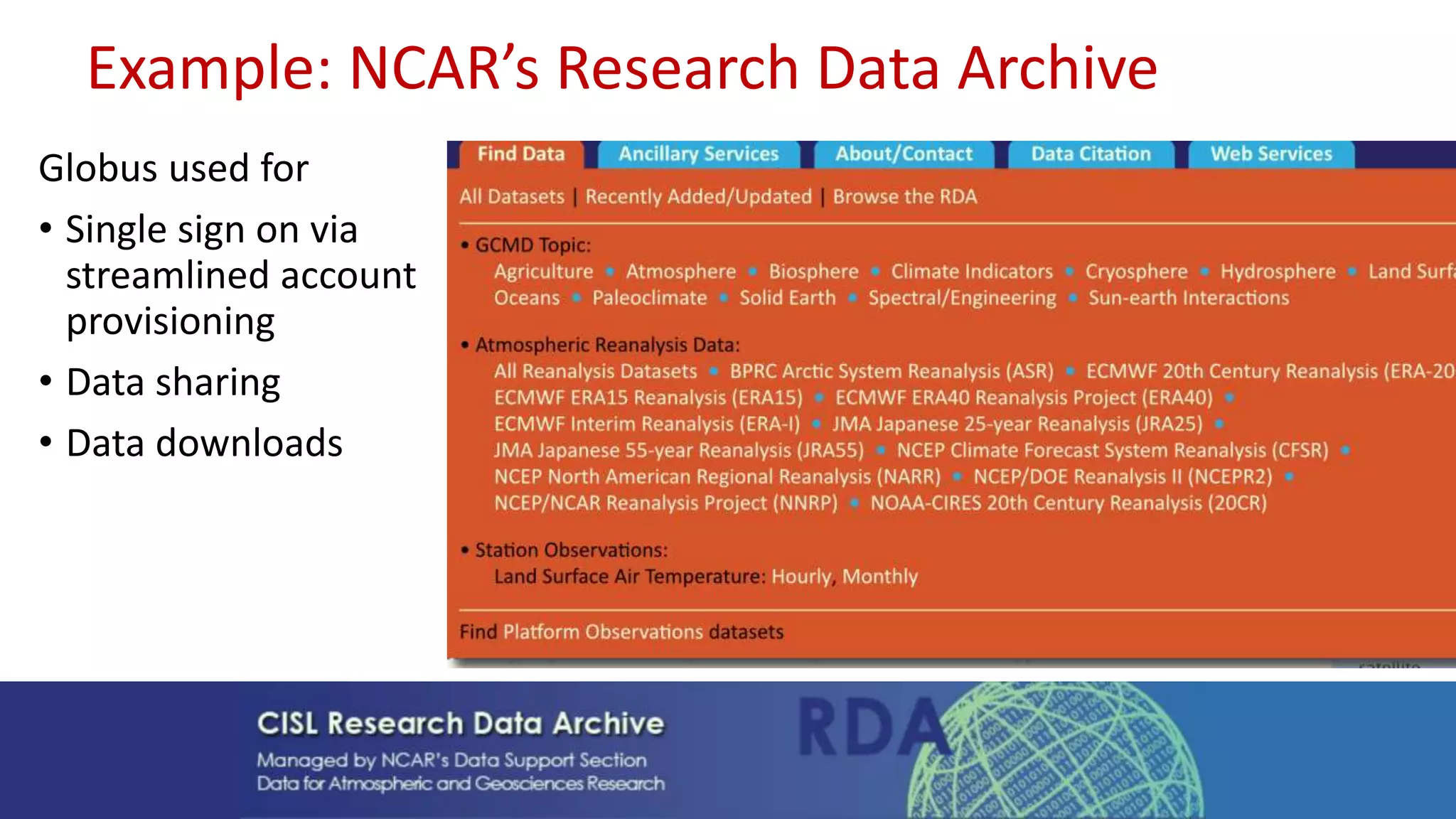 Example: NCAR’s Research Data Archive
Globus used for
• Single sign on via
streamlined account
provisioning
• Data sharing
• Data downloads
 
