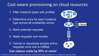 Cost-aware provisioning on cloud resources
55
1. Filter instance types with profiles
2. Determine price for each instance
type across all availability zones
3. Rank potential requests
4. Make requests and monitor
5. Cancel or repurpose excess active
requests once one is fulfilled
Can reduce costs by 95% or more!
$$$
???
R. Chard et al. Cost-aware cloud provisioning, 11th IEEE International Conference on e-Science (e-Science), 2015.
 