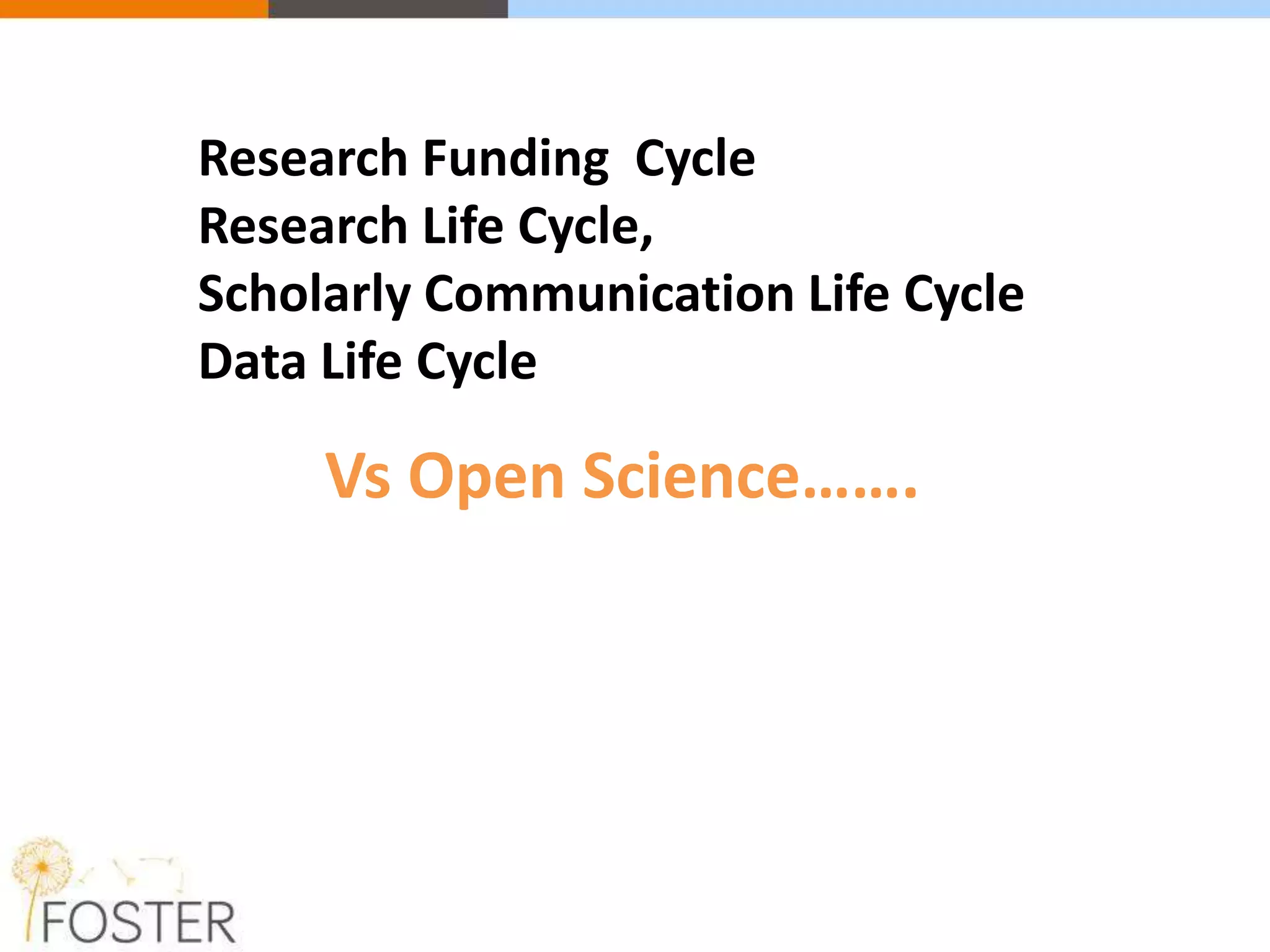 Research Funding Cycle
Research Life Cycle,
Scholarly Communication Life Cycle
Data Life Cycle
Vs Open Science…….
 