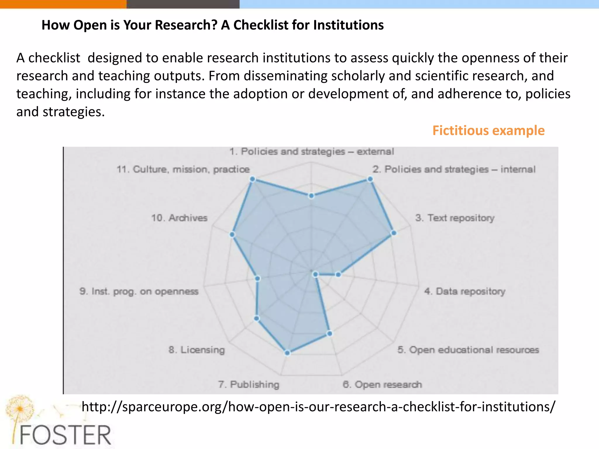 http://sparceurope.org/how-open-is-our-research-a-checklist-for-institutions/
How Open is Your Research? A Checklist for Institutions
A checklist designed to enable research institutions to assess quickly the openness of their
research and teaching outputs. From disseminating scholarly and scientific research, and
teaching, including for instance the adoption or development of, and adherence to, policies
and strategies.
Fictitious example
 