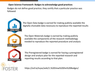 Badges do not define good practice; they certify that a particular practice was
followed
The Open Data badge is earned for making publicly available the
digitally-shareable data necessary to reproduce the reported results
https://osf.io/tvyxz/wiki/1.%20View%20the%20Badges/
The Open Materials badge is earned by making publicly
available the components of the research methodology
needed to reproduce the reported procedure and analysis
The Preregistered badge is earned for having a preregistered
design and analysis plan for the reported research and
reporting results according to that plan.
Open Science Framework- Badges to acknowledge good practices
 