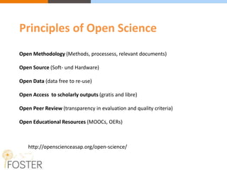 Principles of Open Science
Open Methodology (Methods, processess, relevant documents)
Open Source (Soft- und Hardware)
Open Data (data free to re-use)
Open Access to scholarly outputs (gratis and libre)
Open Peer Review (transparency in evaluation and quality criteria)
Open Educational Resources (MOOCs, OERs)
http://openscienceasap.org/open-science/
 