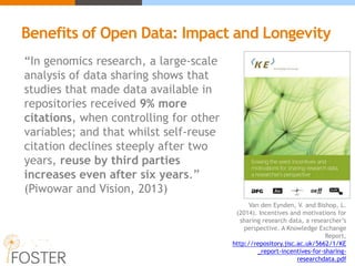 “In genomics research, a large-scale
analysis of data sharing shows that
studies that made data available in
repositories received 9% more
citations, when controlling for other
variables; and that whilst self-reuse
citation declines steeply after two
years, reuse by third parties
increases even after six years.”
(Piwowar and Vision, 2013)
Van den Eynden, V. and Bishop, L.
(2014). Incentives and motivations for
sharing research data, a researcher’s
perspective. A Knowledge Exchange
Report,
http://repository.jisc.ac.uk/5662/1/KE
_report-incentives-for-sharing-
researchdata.pdf
Benefits of Open Data: Impact and Longevity
 