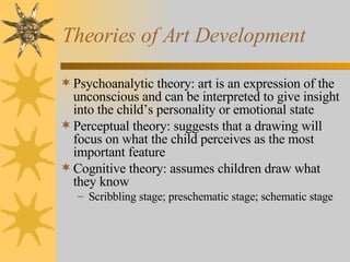 Theories of Art Development Psychoanalytic theory: art is an expression of the unconscious and can be interpreted to give insight into the child’s personality or emotional state Perceptual theory: suggests that a drawing will focus on what the child perceives as the most important feature Cognitive theory: assumes children draw what they know Scribbling stage; preschematic stage; schematic stage 