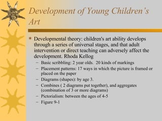Development of Young Children’s Art  Developmental theory: children's art ability develops through a series of universal stages, and that adult intervention or direct teaching can adversely affect the development. Rhoda Kellog Basic scribbling: 2 year olds.  20 kinds of markings Placement patterns: 17 ways in which the picture is framed or placed on the paper Diagrams (shapes): by age 3.  Combines ( 2 diagrams put together), and aggregates (combination of 3 or more diagrams) Pictorialism: between the ages of 4-5 Figure 9-1 