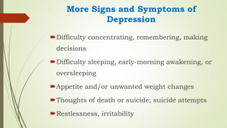 More Signs and Symptoms of
Depression
Difficulty concentrating, remembering, making
decisions
Difficulty sleeping, early-morning awakening, or
oversleeping
Appetite and/or unwanted weight changes
Thoughts of death or suicide; suicide attempts
Restlessness, irritability
 