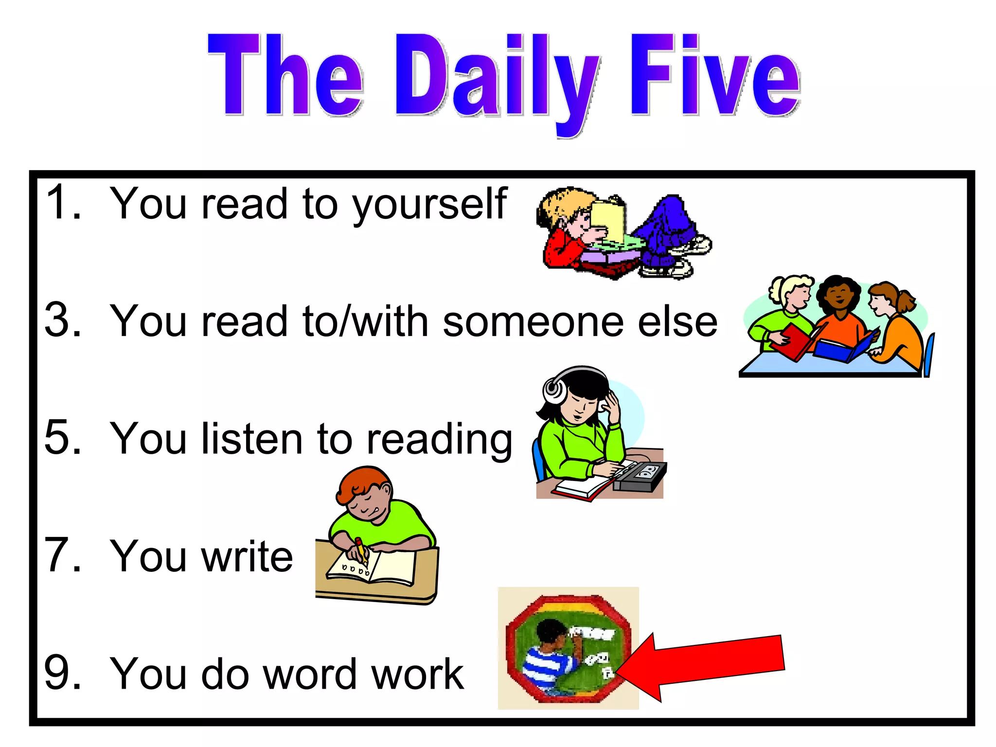 You read to yourself You read to/with someone else You listen to reading You write You do word work The Daily Five 