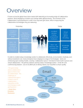 Overview
IT teams across the globe have been tasked with delivering an increasing range of collaborative
solutions, driven largely by a massive sea-change within global industry. The members of the
Collaboration Council pointed to a shift in the way work gets done, which is impacting the
collaborative technologies they are delivering:
In order to enable today’s knowledge worker to collaborate effectively, across borders, intuitively, and
without exorbitant cost, many enterprises have deployed a range of technologies. Some are
embracing open seating models, creating “collaborative space” intended to foster both in-person and
virtual collaboration. The primary solutions used by today’s knowledge worker – email, IM, and
conferencing solutions – do an excellent job at driving volume, but very little to ensure quality.
“The great thing
about collaborative
space is there's lots
of collaboration. The
challenge of
collaborative space
is there's a lot of
collaboration –
sometimes at the
cost of project work
getting done.”
– Senior Vice
President,
Plantronics
Email
Instant
Messaging
Audio
Conferencing
Web
Conferencing
Video
Conferencing
Social
Enterprise
Advanced
Technology
Work / Life
Harmony, shift
of power to
employee
Virtual
teams,
global
recruiting
Knowledge
workers,
Generalists
Localized
decision
making,
empowered
employees
Top-down
management,
hierarchical
leadership
Centralized
workforce,
local talent
pools
Work / Life
imbalance,
employee
owes debt of
employment
Factory
workers,
Specialists
Yesterday Today
© 2014 Wainhouse Research, LLC 3
 
