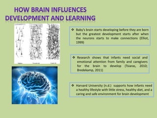  Harvard University (n.d.) supports how infants need
a healthy lifestyle with little stress, healthy diet, and a
caring and safe environment for brain development
 Baby’s brain starts developing before they are born
but the greatest development starts after when
the neurons starts to make connections (Elliot,
1999)
 Research shows that infants need social and
emotional attention from family and caregivers
for the brain to develop (Tsiaras, 2010;
Bredekamp, 2011)
 