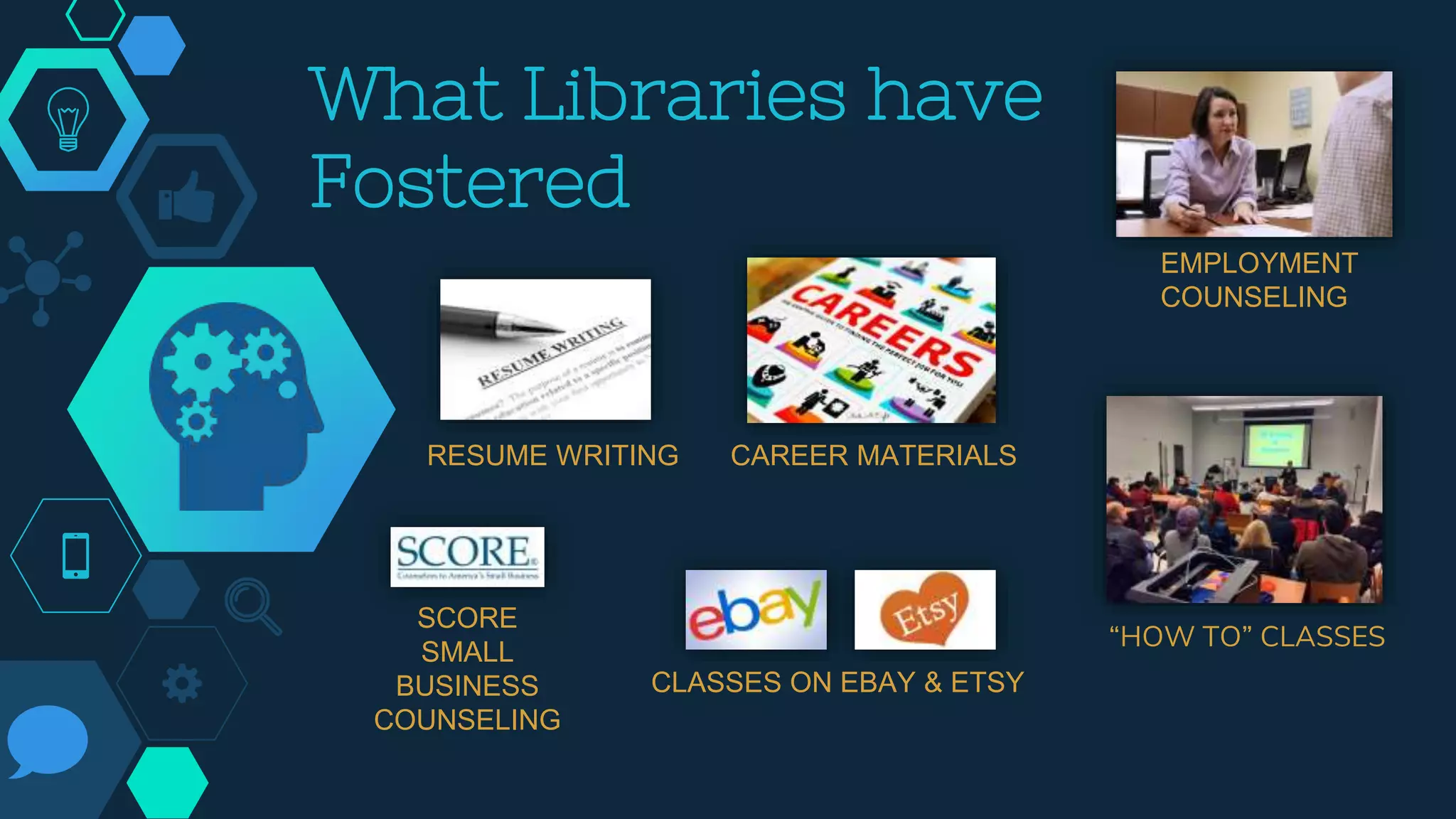 What Libraries have
Fostered
“HOW TO” CLASSES
EMPLOYMENT
COUNSELING
CAREER MATERIALS
CLASSES ON EBAY & ETSY
RESUME WRITING
SCORE
SMALL
BUSINESS
COUNSELING
 