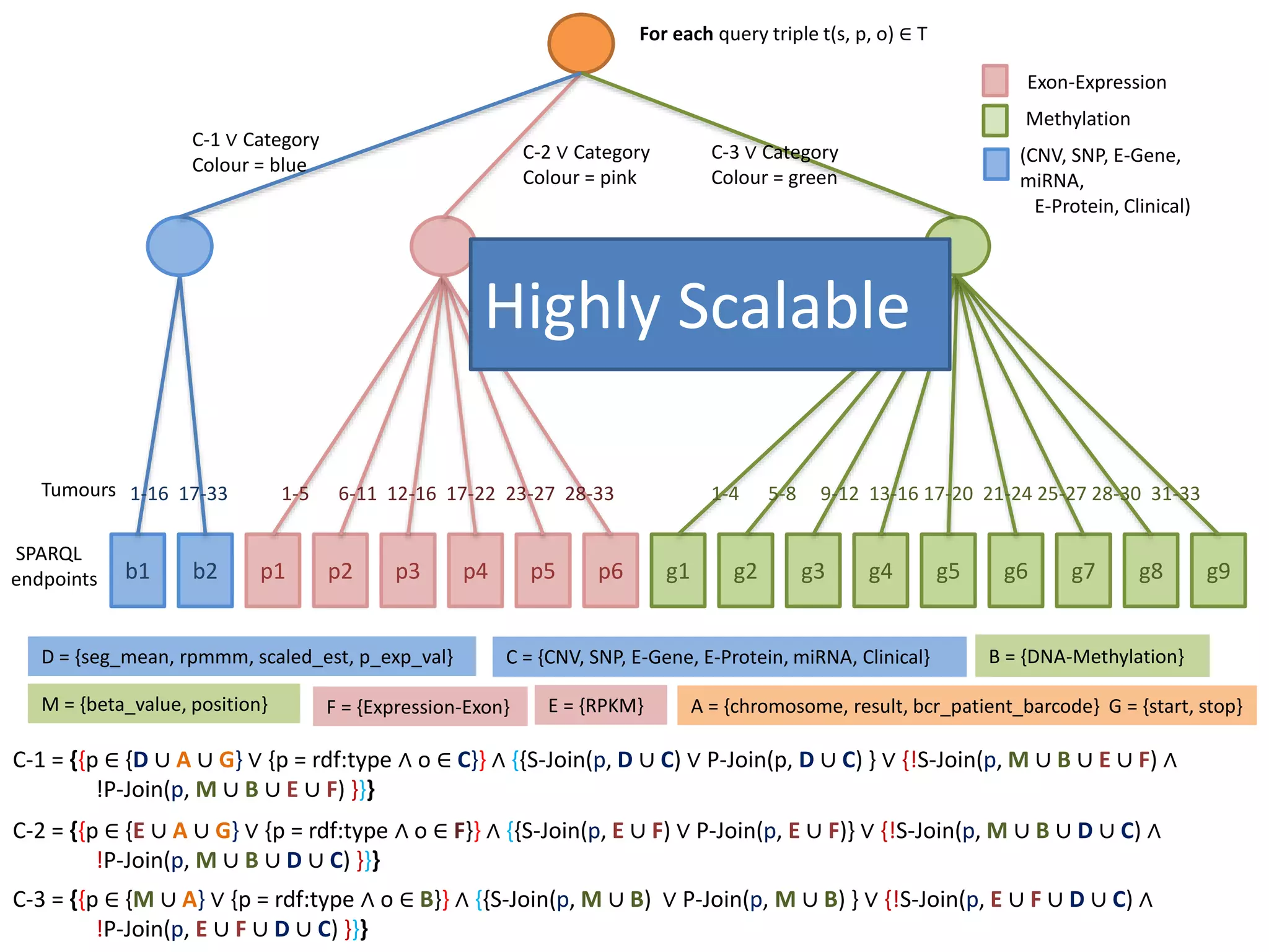 Exon-Expression 
Methylation 
C-1 ∨ Category 
Colour = blue 
For each query triple t(s, p, o) ∈ T 
Highly Scalable 
b1 b2 p1 p2 p3 p4 p5 p6 g1 g2 g3 g4 g5 g6 g7 g8 g9 
C = {CNV, SNP, E-Gene, E-Protein, miRNA, Clinical} 
M = {beta_value, position} F = {Expression-Exon} 
(CNV, SNP, E-Gene, 
miRNA, 
E-Protein, Clinical) 
D = {seg_mean, rpmmm, scaled_est, p_exp_val} 
B = {DNA-Methylation} 
C-1 = {{p ∈ {D ∪ A ∪ G} ∨ {p = rdf:type ∧ o ∈ C}} ∧ {{S-Join(p, D ∪ C) ∨ P-Join(p, D ∪ C) } ∨ {!S-Join(p, M ∪ B ∪ E ∪ F) ∧ 
!P-Join(p, M ∪ B ∪ E ∪ F) }}} 
C-2 = {{p ∈ {E ∪ A ∪ G} ∨ {p = rdf:type ∧ o ∈ F}} ∧ {{S-Join(p, E ∪ F) ∨ P-Join(p, E ∪ F)} ∨ {!S-Join(p, M ∪ B ∪ D ∪ C) ∧ 
!P-Join(p, M ∪ B ∪ D ∪ C) }}} 
C-3 = {{p ∈ {M∪ A} ∨ {p = rdf:type ∧ o ∈ B}} ∧ {{S-Join(p,M ∪ B) ∨ P-Join(p, M∪ B) } ∨ {!S-Join(p, E ∪ F ∪ D ∪ C) ∧ 
!P-Join(p, E ∪ F ∪ D ∪ C) }}} 
IF tumour lookup is successful 
forward to corresponding 
leaf 
Else 
broadcast to every one 
A = {chromosome, result, bcr_patient_barcode} G = {start, stop} 
E = {RPKM} 
Tumours 
SPARQL 
endpoints 
C-2 ∨ Category 
Colour = pink 
C-3 ∨ Category 
Colour = green 
1-16 17-33 1-5 6-11 12-16 17-22 23-27 28-33 1-4 5-8 9-12 13-16 17-20 21-24 25-27 28-30 31-33 
 