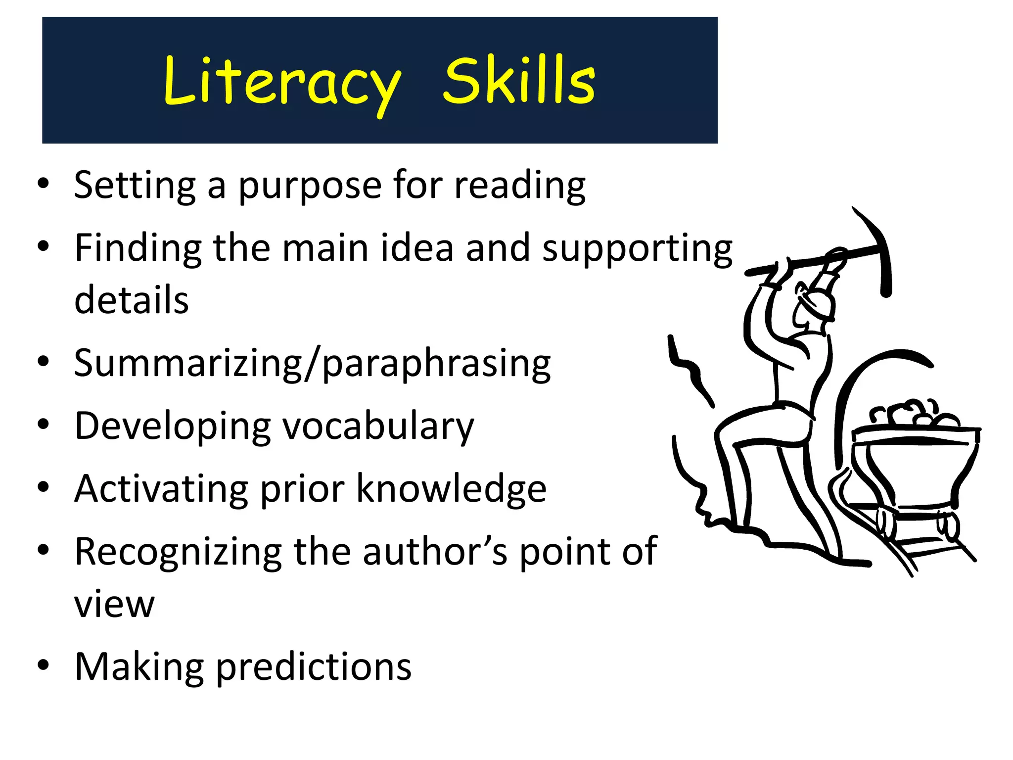 Literacy Skills
• Setting a purpose for reading
• Finding the main idea and supporting
  details
• Summarizing/paraphrasing
• Developing vocabulary
• Activating prior knowledge
• Recognizing the author’s point of
  view
• Making predictions
 