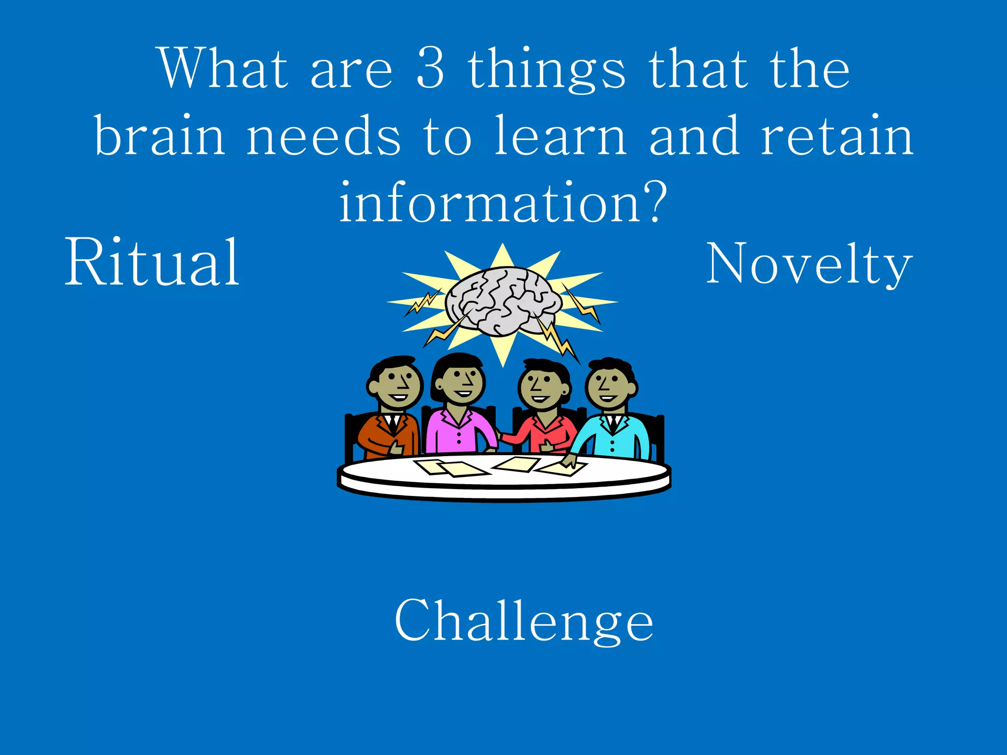 What are 3 things that the
 brain needs to learn and retain
          information?
Ritual                  Novelty




            Challenge
 