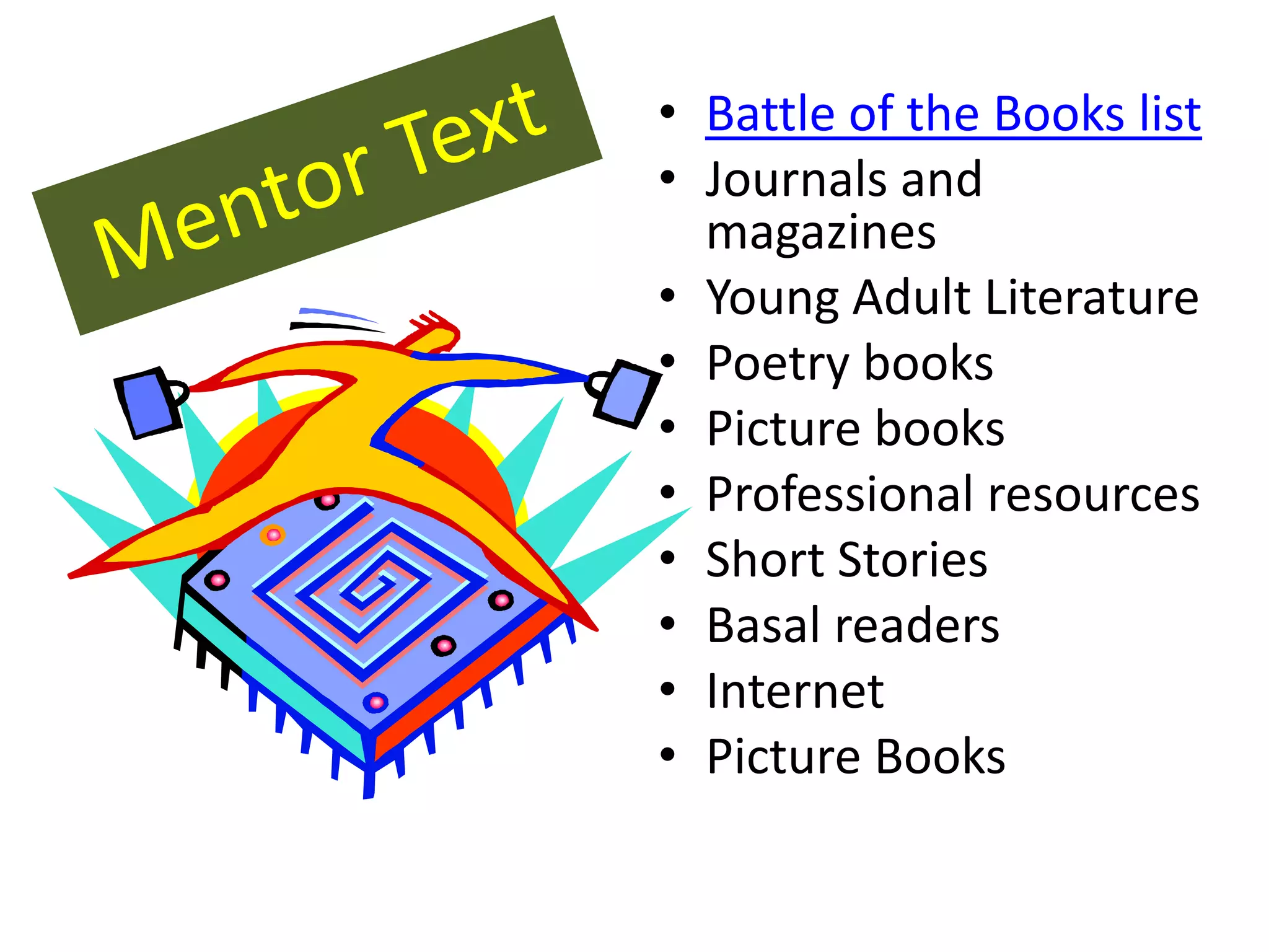 • Battle of the Books list
• Journals and
  magazines
• Young Adult Literature
• Poetry books
• Picture books
• Professional resources
• Short Stories
• Basal readers
• Internet
• Picture Books
 