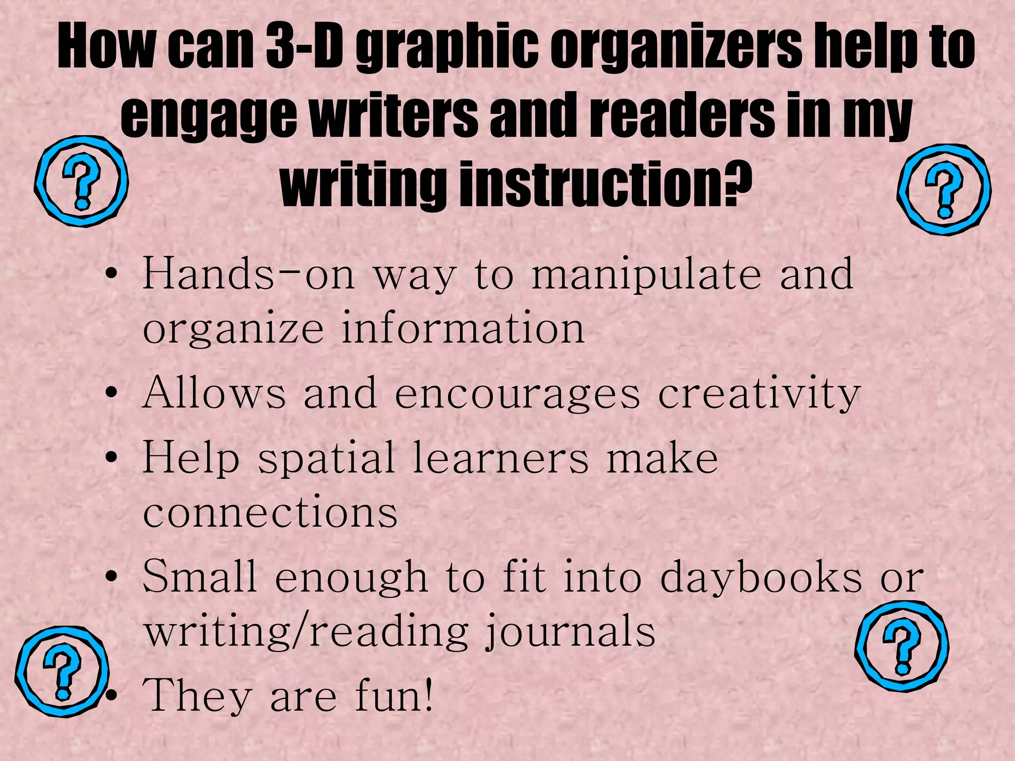 How can 3-D graphic organizers help to
  engage writers and readers in my
        writing instruction?
 • Hands-on way to manipulate and
   organize information
 • Allows and encourages creativity
 • Help spatial learners make
   connections
 • Small enough to fit into daybooks or
   writing/reading journals
 • They are fun!
 