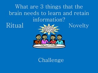 What are 3 things that the
 brain needs to learn and retain
          information?
Ritual                  Novelty




            Challenge
 