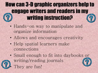 How can 3-D graphic organizers help to
  engage writers and readers in my
        writing instruction?
 • Hands-on way to manipulate and
   organize information
 • Allows and encourages creativity
 • Help spatial learners make
   connections
 • Small enough to fit into daybooks or
   writing/reading journals
 • They are fun!
 