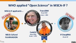 WHO applied “Open Science” in MSCA-IF ?
... ...
MSCA-IF applicants …
IF DeepRNA
Panel LIF
TransEBM
Panel ENV
Score: > 89%
CarbEX
Panel ENV
Score: > 87%
MSCA Cofund
FishINVASION
 