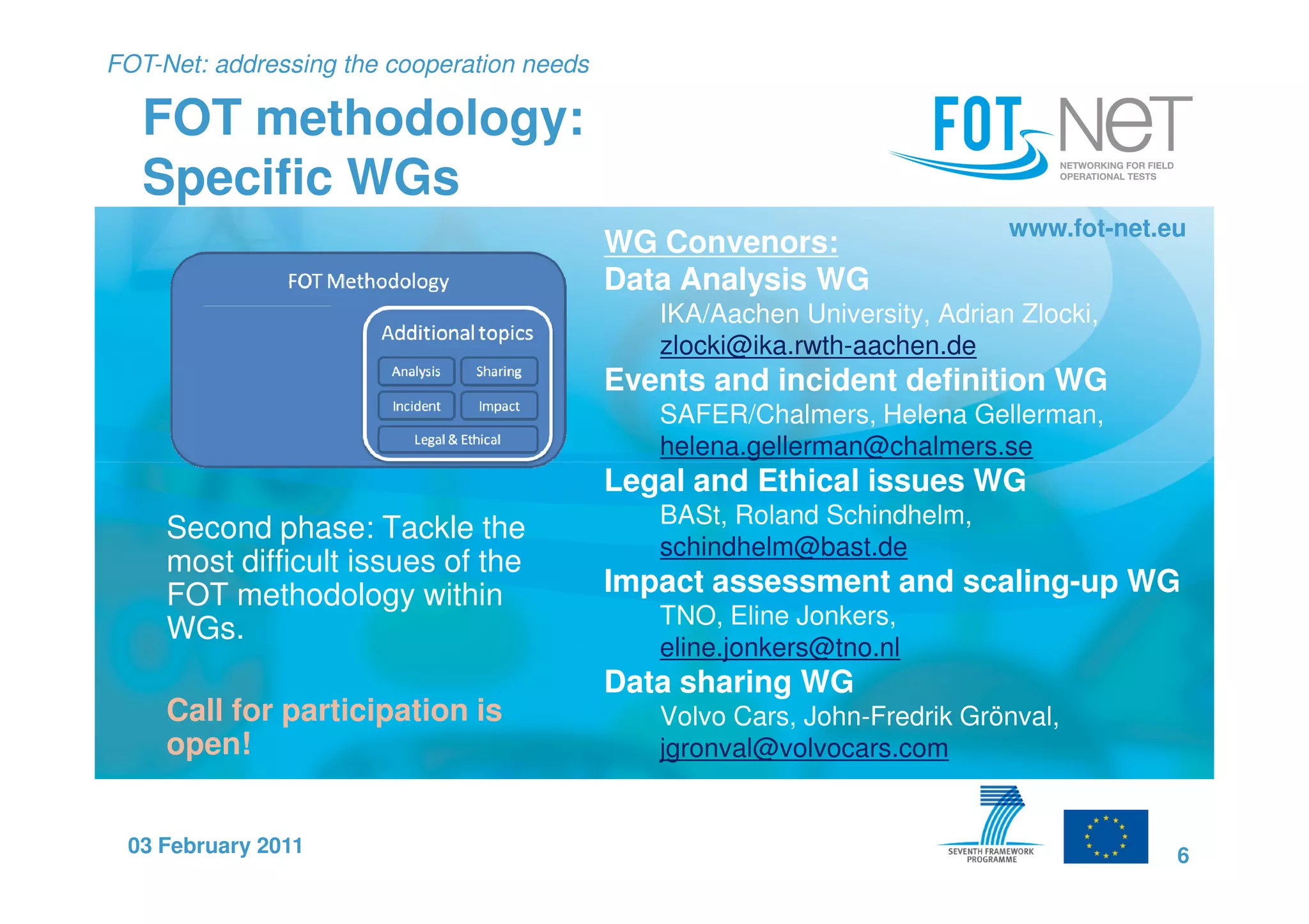 FOT-Net: addressing the cooperation needs

   FOT methodology:
   Specific WGs
                                                                            www.fot-net.eu
                                            WG Convenors:
                                            Data Analysis WG
                                               IKA/Aachen University, Adrian Zlocki,
                                               zlocki@ika.rwth-aachen.de
                                            Events and incident definition WG
                                               SAFER/Chalmers, Helena Gellerman,
                                               helena.gellerman@chalmers.se
                                            Legal and Ethical issues WG
                                               BASt, Roland Schindhelm,
     Second phase: Tackle the
                                               schindhelm@bast.de
     most difficult issues of the
     FOT methodology within                 Impact assessment and scaling-up WG
                                               TNO, Eline Jonkers,
     WGs.
                                               eline.jonkers@tno.nl
                                            Data sharing WG
     Call for participation is                 Volvo Cars, John-Fredrik Grönval,
     open!                                     jgronval@volvocars.com


 03 February 2011                                                                        6
 