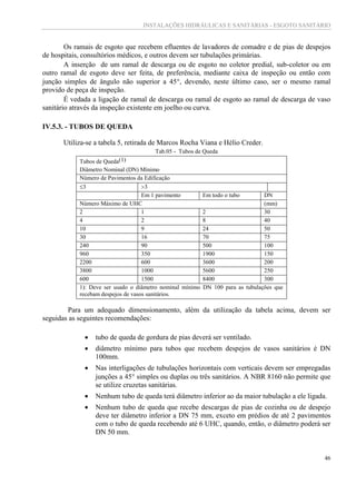 INSTALAÇÕES HIDRÁULICAS E SANITÁRIAS - ESGOTO SANITÁRIO
46
Os ramais de esgoto que recebem efluentes de lavadores de comadre e de pias de despejos
de hospitais, consultórios médicos, e outros devem ser tubulações primárias.
A inserção de um ramal de descarga ou de esgoto no coletor predial, sub-coletor ou em
outro ramal de esgoto deve ser feita, de preferência, mediante caixa de inspeção ou então com
junção simples de ângulo não superior a 45, devendo, neste último caso, ser o mesmo ramal
provido de peça de inspeção.
É vedada a ligação de ramal de descarga ou ramal de esgoto ao ramal de descarga de vaso
sanitário através da inspeção existente em joelho ou curva.
IV.5.3. - TUBOS DE QUEDA
Utiliza-se a tabela 5, retirada de Marcos Rocha Viana e Hélio Creder.
Tab.05 - Tubos de Queda
Tubos de Queda(1)
Diâmetro Nominal (DN) Mínimo
Número de Pavimentos da Edificação
3 3
Em 1 pavimento Em todo o tubo DN
Número Máximo de UHC (mm)
2 1 2 30
4 2 8 40
10 9 24 50
30 16 70 75
240 90 500 100
960 350 1900 150
2200 600 3600 200
3800 1000 5600 250
600 1500 8400 300
1): Deve ser usado o diâmetro nominal mínimo DN 100 para as tubulações que
recebam despejos de vasos sanitários.
Para um adequado dimensionamento, além da utilização da tabela acima, devem ser
seguidas as seguintes recomendações:
 tubo de queda de gordura de pias deverá ser ventilado.
 diâmetro mínimo para tubos que recebem despejos de vasos sanitários é DN
100mm.
 Nas interligações de tubulações horizontais com verticais devem ser empregadas
junções a 45 simples ou duplas ou três sanitários. A NBR 8160 não permite que
se utilize cruzetas sanitárias.
 Nenhum tubo de queda terá diâmetro inferior ao da maior tubulação a ele ligada.
 Nenhum tubo de queda que recebe descargas de pias de cozinha ou de despejo
deve ter diâmetro inferior a DN 75 mm, exceto em prédios de até 2 pavimentos
com o tubo de queda recebendo até 6 UHC, quando, então, o diâmetro poderá ser
DN 50 mm.
 