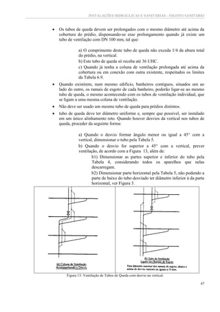 INSTALAÇÕES HIDRÁULICAS E SANITÁRIAS - ESGOTO SANITÁRIO
47
 Os tubos de queda devem ser prolongados com o mesmo diâmetro até acima da
cobertura do prédio, dispensando-se esse prolongamento quando já existe um
tubo de ventilação com DN 100 mm, tal que:
a) O comprimento deste tubo de queda não exceda 1/4 da altura total
do prédio, na vertical.
b) Este tubo de queda só receba até 36 UHC.
c) Quando já tenha a coluna de ventilação prolongada até acima da
cobertura ou em conexão com outra existente, respeitados os limites
da Tabela 6.9.
 Quando existirem, num mesmo edifício, banheiros contíguos, situados um ao
lado do outro, os ramais de esgoto de cada banheiro, poderão ligar-se ao mesmo
tubo de queda, o mesmo acontecendo com os tubos de ventilação individual, que
se ligam a uma mesma coluna de ventilação.
 Não deve ser usado um mesmo tubo de queda para prédios distintos.
 tubo de queda deve ter diâmetro uniforme e, sempre que possível, ser instalado
em um único alinhamento reto. Quando houver desvios da vertical nos tubos de
queda, proceder da seguinte forma:
a) Quando o desvio formar ângulo menor ou igual a 45 com a
vertical, dimensionar o tubo pela Tabela 5.
b) Quando o desvio for superior a 45 com a vertical, prever
ventilação, de acordo com a Figura 13, além de:
b1) Dimensionar as partes superior e inferior do tubo pela
Tabela 4, considerando todos os aparelhos que nelas
descarregam.
b2) Dimensionar parte horizontal pela Tabela 5, não podendo a
parte de baixo do tubo desviado ter diâmetro inferior à da parte
horizontal, ver Figura 3.
Figura 13: Ventilação de Tubos de Queda com desvio na vertical.
 