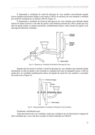 INSTALAÇÕES HIDRÁULICAS E SANITÁRIAS - ESGOTO SANITÁRIO
52
É dispensada a ventilação do ramal de descarga do vaso sanitário auto-sifonado quando
houver qualquer desconector ligado a esse ramal a 2,40 m, no máximo, do vaso sanitário e ventilado
por ramal de ventilação de, no mínimo, DN 50, Figura 15.
É dispensada a ventilação do ramal de descarga de um vaso sanitário auto-sifonado ligado
através de ramal exclusivo a um tubo de queda a uma distância máxima de 2,40 m, desde que esse
tubo de queda receba, no mesmo pavimento, imediatamente abaixo, outros ramais de esgoto ou de
descarga devidamente ventilados.
Fig.15 - Dispensa de Ventilação do Ramal de Descarga do Vaso.
Quando não for possível ventilar o ramal de descarga do vaso sanitário auto-sifonado ligado
diretamente ao tubo de queda e não existindo as condições previstas no parágrafo acima, o tubo de
queda deve ser ventilado imediatamente abaixo da ligação do ramal do vaso sanitário e executado
de acordo com a Figura 16.
Fig.16 - Impossibilidade de Ventilação do Ramal do Vaso Sanitário.
Finalmente, relembramos que:
Todo desconector deve ser ventilado, sendo que a distância de um desconector à ligação do
tubo ventilador que o serve não deve exceder os limites indicados na Tabela 8.
 