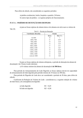 INSTALAÇÕES HIDRÁULICAS E SANITÁRIAS - ESGOTO SANITÁRIO
62
Para efeito de cálculo, são considerados os seguintes períodos:
a) prédios residenciais, hotéis, hospitais e quartéis: 24 horas;
b) outros tipos de prédios - os regimes próprios de funcionamento.
IV.5.7.1. - PERÍODO DE DETENÇÃO DOS DESPEJOS
a) para as fossas sépticas de câmara única e de câmaras em série usar os valores da
Tab. 02;
Tab.11 – Período de Detenção
Contribuição (litros/dia) Período
Até 6000
6000 a 7000
7000 a 8000
8000 a 9000
9000 a 10000
10000 a 11000
11000 a 12000
12000 a 13000
13000 a 14000
acima de 14000
Horas
24
21
19
18
17
16
15
14
13
12
Dias ( T )
1
0,875
0,79
0,75
0,71
0,67
0,625
0,585
0,54
0,50
b) para as fossas sépticas de câmara sobreposta, o período de detenção da câmara de
decantação é de 2 horas (vazão máxima).
c) O volume mínimo da câmara de decantação é de 500 litros.
Para período de Armazenamento do Lodo Digerido as fossas sépticas devem ter capacidade
de armazenamento do lodo digerido pelo período mínimo de 10 meses ou 300 dias.
Para período de Digestão do Lodo deve ser considerado o período de 50 dias, para efeito de
cálculo.
Coeficiente de Redução do Volume do Lodo : consideram-se, a seguinte redução do volume
do lodo fresco, em conseqüência da digestão:
a) lodo digerido R1 = 0,25
b) lodo em digestão R2 = 0,50
 