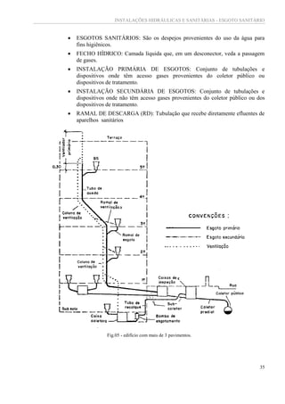 INSTALAÇÕES HIDRÁULICAS E SANITÁRIAS - ESGOTO SANITÁRIO
35
 ESGOTOS SANITÁRIOS: São os despejos provenientes do uso da água para
fins higiênicos.
 FECHO HÍDRICO: Camada líquida que, em um desconector, veda a passagem
de gases.
 INSTALAÇÃO PRIMÁRIA DE ESGOTOS: Conjunto de tubulações e
dispositivos onde têm acesso gases provenientes do coletor público ou
dispositivos de tratamento.
 INSTALAÇÃO SECUNDÁRIA DE ESGOTOS: Conjunto de tubulações e
dispositivos onde não têm acesso gases provenientes do coletor público ou dos
dispositivos de tratamento.
 RAMAL DE DESCARGA (RD): Tubulação que recebe diretamente efluentes de
aparelhos sanitários
Fig.05 - edifício com mais de 3 pavimentos.
 